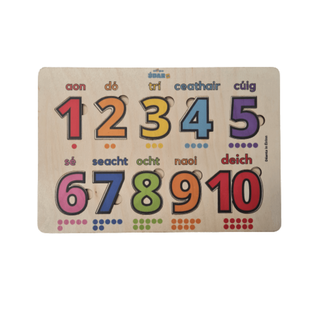 Wooden Puzzle Numbers as Gaeilge
